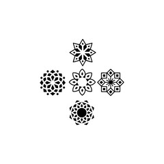 bundle of 5 geometric mandala icons, solid black fill, vector