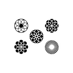 bundle of 5 geometric mandala icons, solid black fill, vector