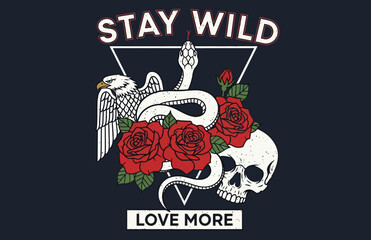 Wild love theme vector graphic. Snake, roses, eagle and skull illustrations. For t-shirt prints and other uses.