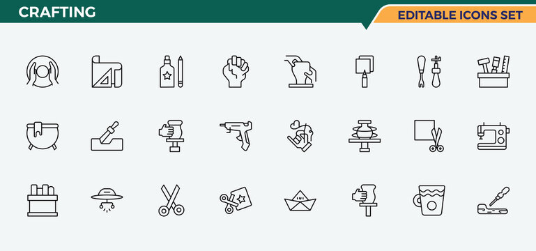 Crafting icon set in linear style. Pack of tool, handyman, tools, repair, carpenter, craft and more. Craft icon set. Minimalist linear icons. Pixel perfect. Editable stroke.