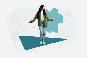 Collage of cheerful young man woman energetically among bright geometric shapes symbolizing carefree joy fun