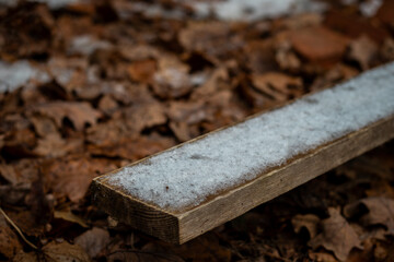 A close-up of a wooden board dusted with snow, resting on a ground filled with dry brown autumn leaves in early winter.