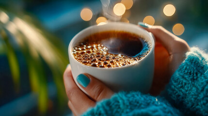 Warm cup of steaming coffee held in cozy knitted sleeves near soft glowing lights