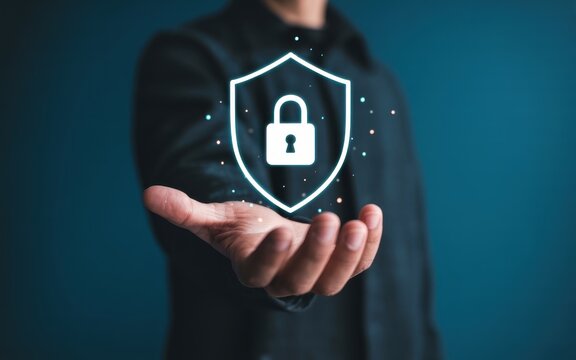 Businessman holding a glowing shield icon symbolizing data protection and cybersecurity