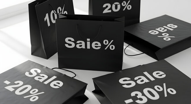 Stylish black shopping bags displaying various sale percentages, perfect for promoting discounts and retail events.