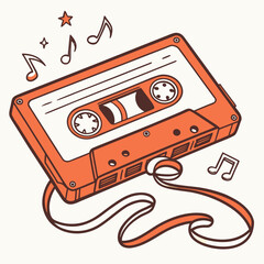 Groovy retro cassette tape in cartoon graphic style with funky orange and vintage audio detail. Music nostalgia and y2k vibe blend as a playful groovy element for stylish fun creative projects