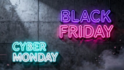 Black friday and cyber monday neon sign on concrete wall