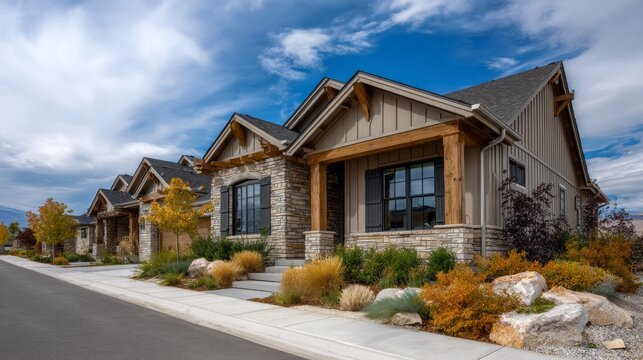 In this scenic neighborhood of Denver, single-family homes feature elegant designs with stone accents and vibrant autumn foliage. Blue skies and a welcoming atmosphere create a perfect community vibe