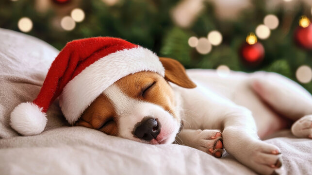 Sleeping puppy wearing santa hat on soft blanket with christmas tree and festive lights in background creates cozy holiday atmosphere - Powered by Adobe