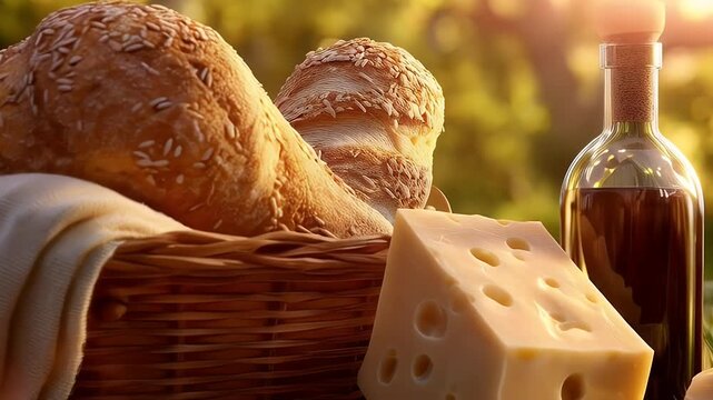 Picnic basket with bread cheese and wine outdoors