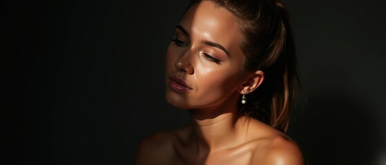Naklejka premium A stunning portrait of a woman captured in soft light, showcasing her natural beauty and elegance.