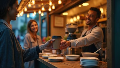 Happy young woman orders hot coffee from smiling barista at evening food truck stand. Male worker hands disposable cup to female client. People enjoy service at outdoor cafe stall, getting warm