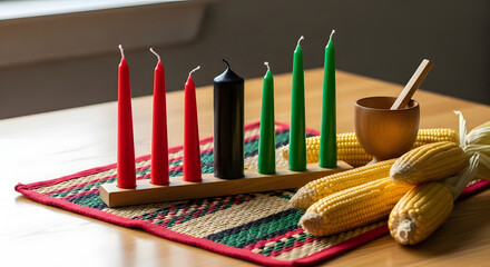 Vibrant Kwanzaa celebration with kinara, corn, and traditional elements on a woven mat