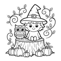 Cute Halloween Witch coloring pages with pumpkins, ghosts, and bats for kids