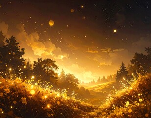 Golden sunset over a serene valley landscape.