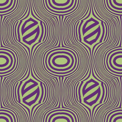 Obraz premium Seamless op-art pattern of repeating hypnotic circles and wavy lines in purple and lime green, creating a dizzying optical illusion. Abstract geometric background.
