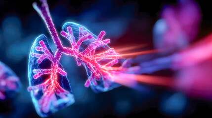 Bright human lungs with glowing bronchial branches and detailed alveoli