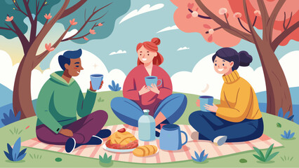 Group of friends enjoying picnic in park with drinks and food under blooming trees on a sunny day