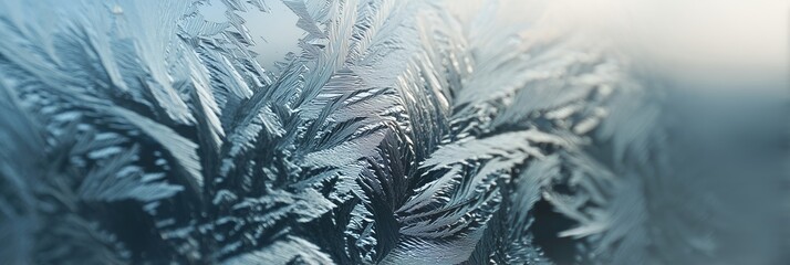 Frosted winter glass surface, condensed patterns, blurred blue background, abstract texture banner. Panoramic web header. Wide screen wallpaper