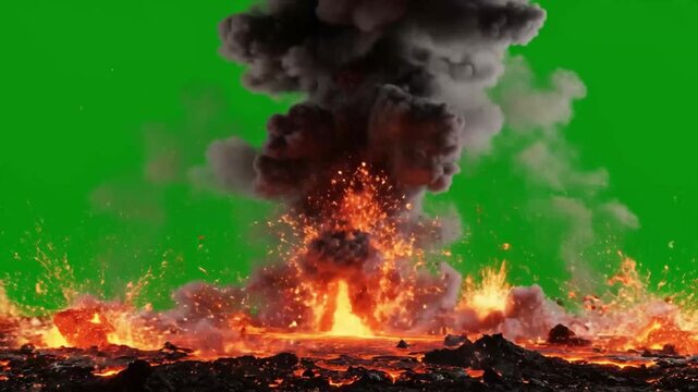 Fiery explosion erupts on barren landscape against vibrant green screen backdrop offering dynamic visual effects, perfect for action scenes and compositing work