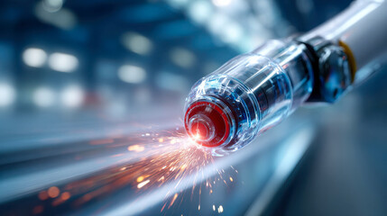 High-tech robotic cutting tool emitting bright sparks in a futuristic industrial environment
