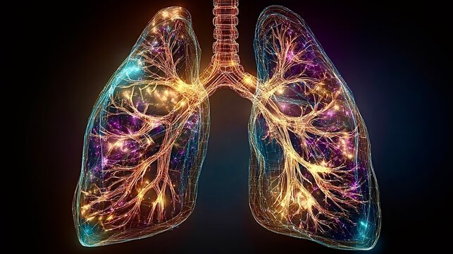 Human lungs glowing, showing respiratory system and advanced medical technology