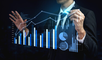 A businessman in a suit presents financial data through innovative graphs and charts, showcasing growth and analysis in a cutting-edge environment. Scalp