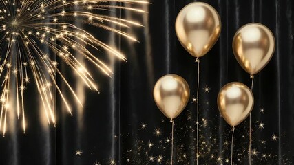 Golden balloons and fireworks against a black backdrop. Sparkles and celebratory themes