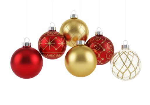 Set of golden and red Christmas baubles hanging isolated on white or transparent background