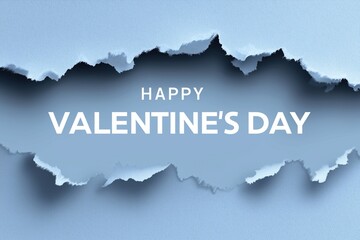 Obraz premium Happy Valentine's Day message on a blue background with a realistic ripped paper effect. Holiday card concept with layered paper and shadow