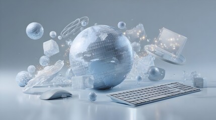 Obraz premium Semi-realistic 3D digital illustration of globe with floating computer. Concept: global connectivity, information technology, digital communication, worldwide networks, modern tech infrastructure, IT
