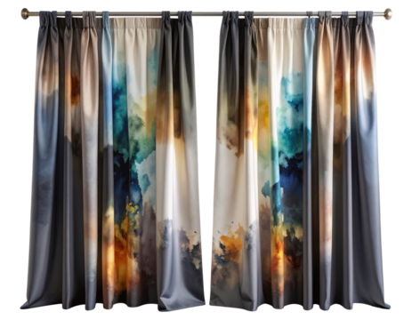 Abstract watercolor patterned curtains with warm and cool tones