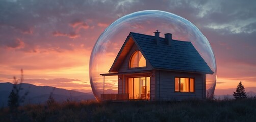 Illustration presents a house encapsulated inside a bubble against sunset backdrop. Concept shows housing market fragility. Symbolizes instability and economic uncertainty in real estate industry.
