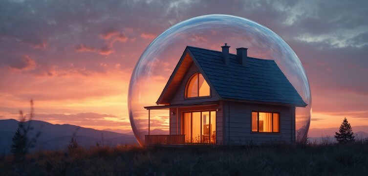 Illustration presents a house encapsulated inside a bubble against sunset backdrop. Concept shows housing market fragility. Symbolizes instability and economic uncertainty in real estate industry.