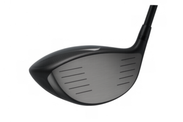 Golf club driver head, made of dark composite material and metal, ready for use in a swing, on a transparent background
