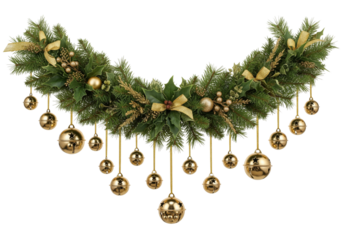 Christmas tree garland with ornaments isolated on white or transparent background