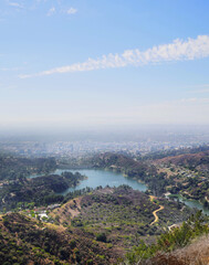 Hollywood Reservoir as seen from the Wonder View Trailhead leading up to Wisdom Tree during a summer season in Los Angeles, California, USA