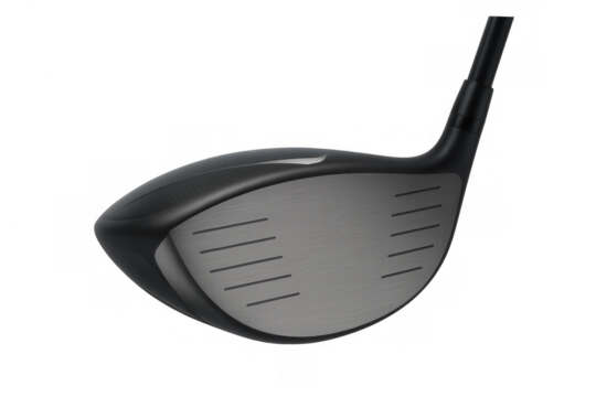 Golf club driver head, made of dark composite material and metal, ready for use in a swing, on a transparent background