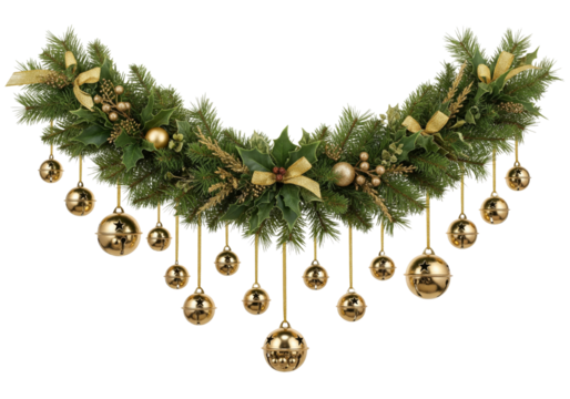 Christmas tree garland with ornaments isolated on white or transparent background