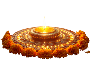 Illuminated diya surrounded by marigold flowers and lights