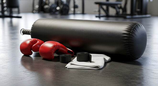 Boxing equipment including gloves, hand wraps, and punching bag set up for training