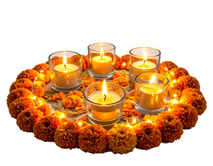 Illuminated marigold flower arrangement with tealight candles