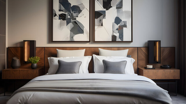 Relax in this modern bedroom with its abstract art and soft lighting, a tranquil retreat for a restful night, ideal for interior design and lifestyle concepts