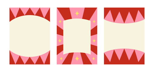 Obraz premium Set of holiday greeting cards with circus geometric frames. Vector flat festival design for birthday cards, christmas holiday invitations, etc.