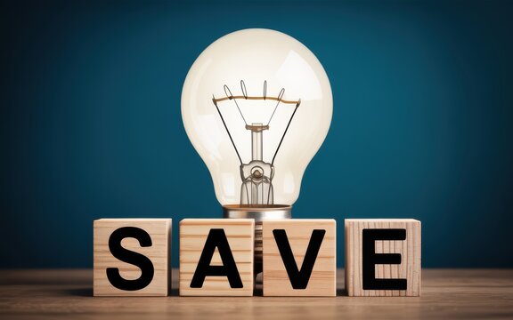 Bright idea for saving energy and money, symbolized by a light bulb and the word SAVE on wooden blocks