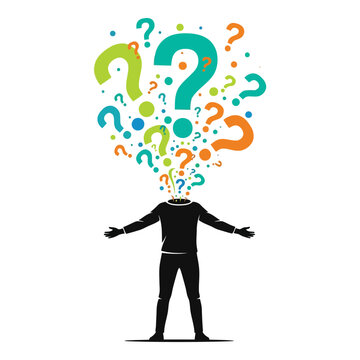 Man with question marks exploding from head represents confusion and questions