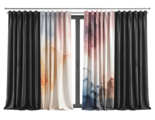 Modern window with dark side curtains and artistic floral patterned sheer curtains
