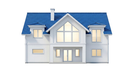 Modern white house with a blue roof and large windows, isolated on transparent background