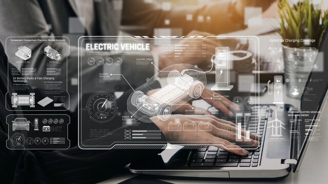 Technical layout of electric vehicle showing battery system, power control, traction motor, charging interface, and integration with renewable and smart energy sources Marrow - Powered by Adobe