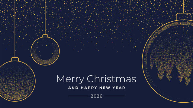 Merry Christmas and Happy New Year 2026 greeting card with gold twinkling ornaments against a dark blue background with starry texture.